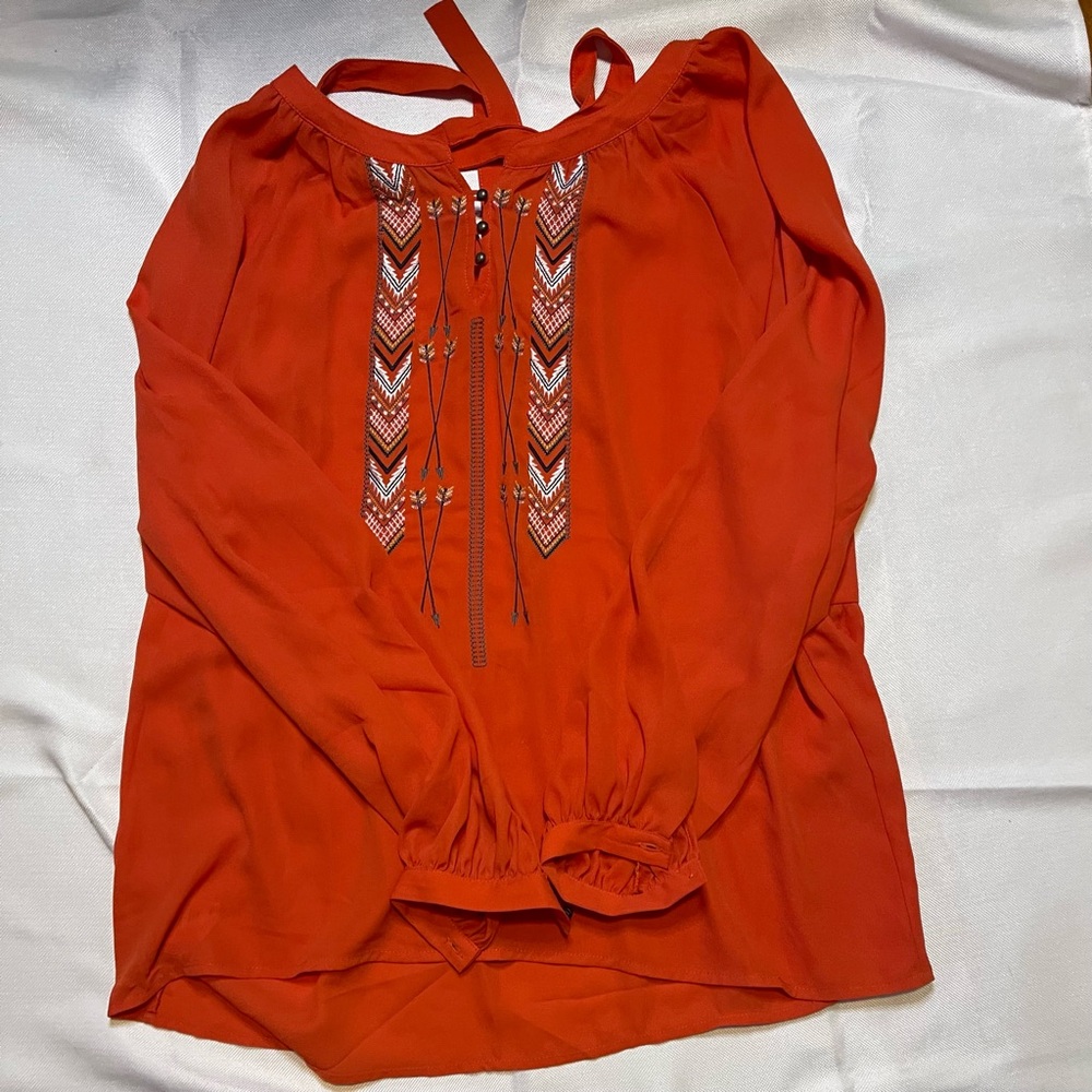 “Cruel” Women's OrangeRed Embroidered Blouse western boho L